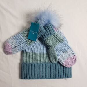 West Loop Kids One Size Winter Pom Puff Hat & Glove‎ Set Green Blue Stripe New